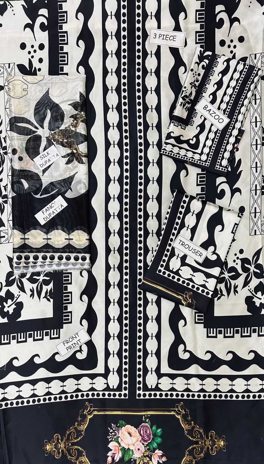 3 Pcs Shamooz Silk (Black & White shirt & Printed trouser with matching printed dupatta)