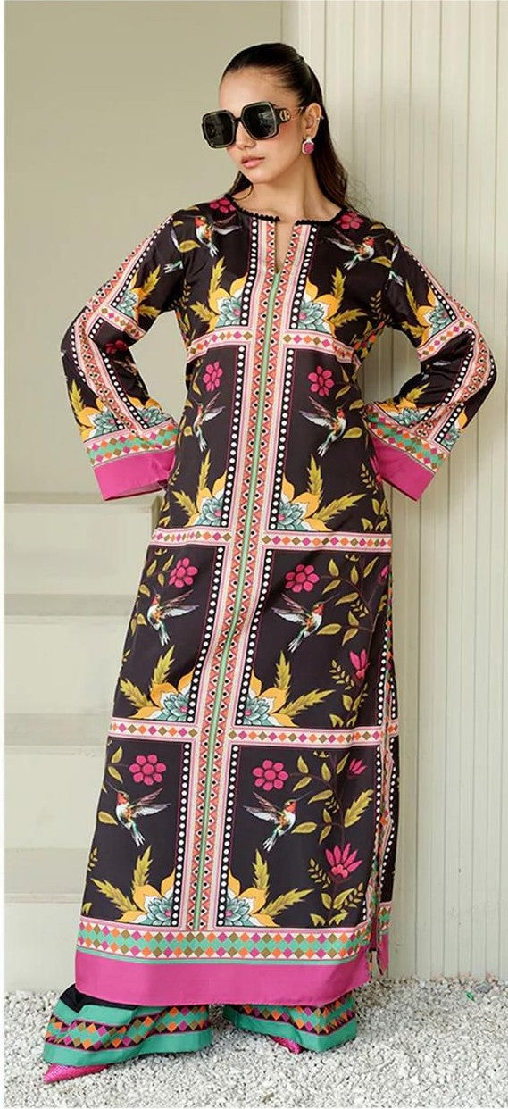 3 Pcs Shamooz Silk (Teal blue shirt & floral trouser with matching printed dupatta)