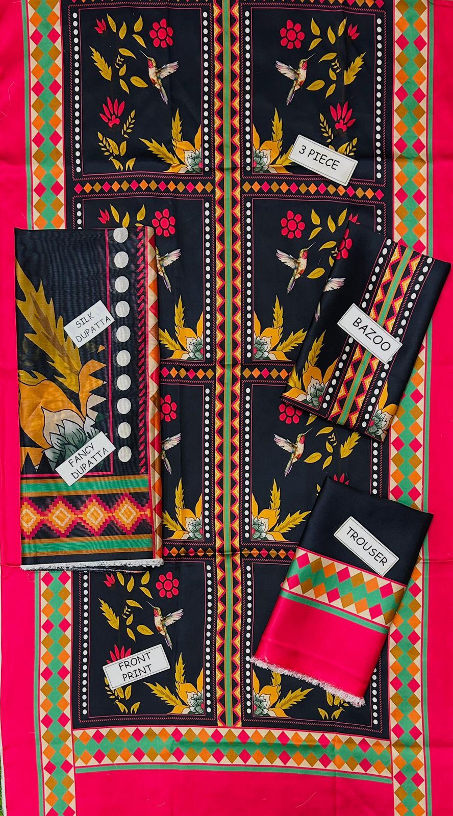 3 Pcs Shamooz Silk (Teal blue shirt & floral trouser with matching printed dupatta)