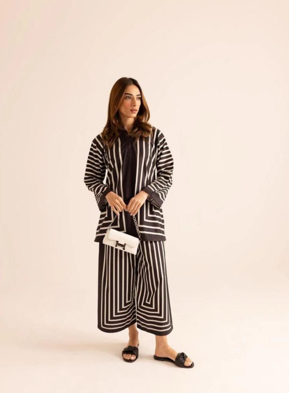 3 Pcs Shamooz Silk (Black Strip Shirt, Trouser & Dupatta)