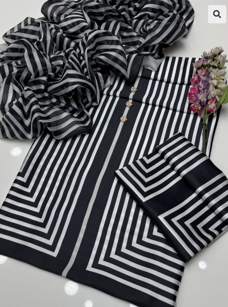 3 Pcs Shamooz Silk (Black Strip Shirt, Trouser & Dupatta)