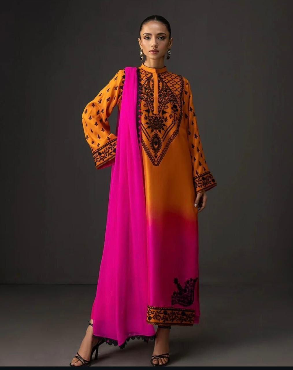 3 Pcs Shamooz Silk (Orange Shirt, Trouser & Dupatta)