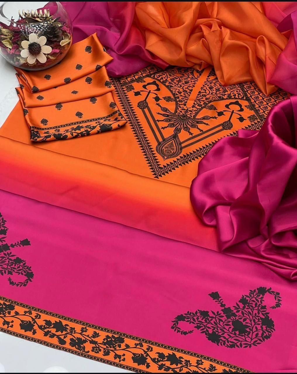 3 Pcs Shamooz Silk (Orange Shirt, Trouser & Dupatta)