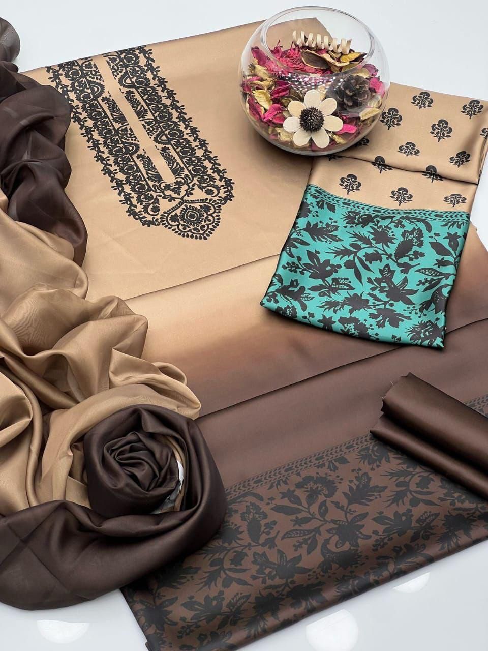 3 Pcs Shamooz Silk (Double Shade Shirt, Trouser & Dupatta)