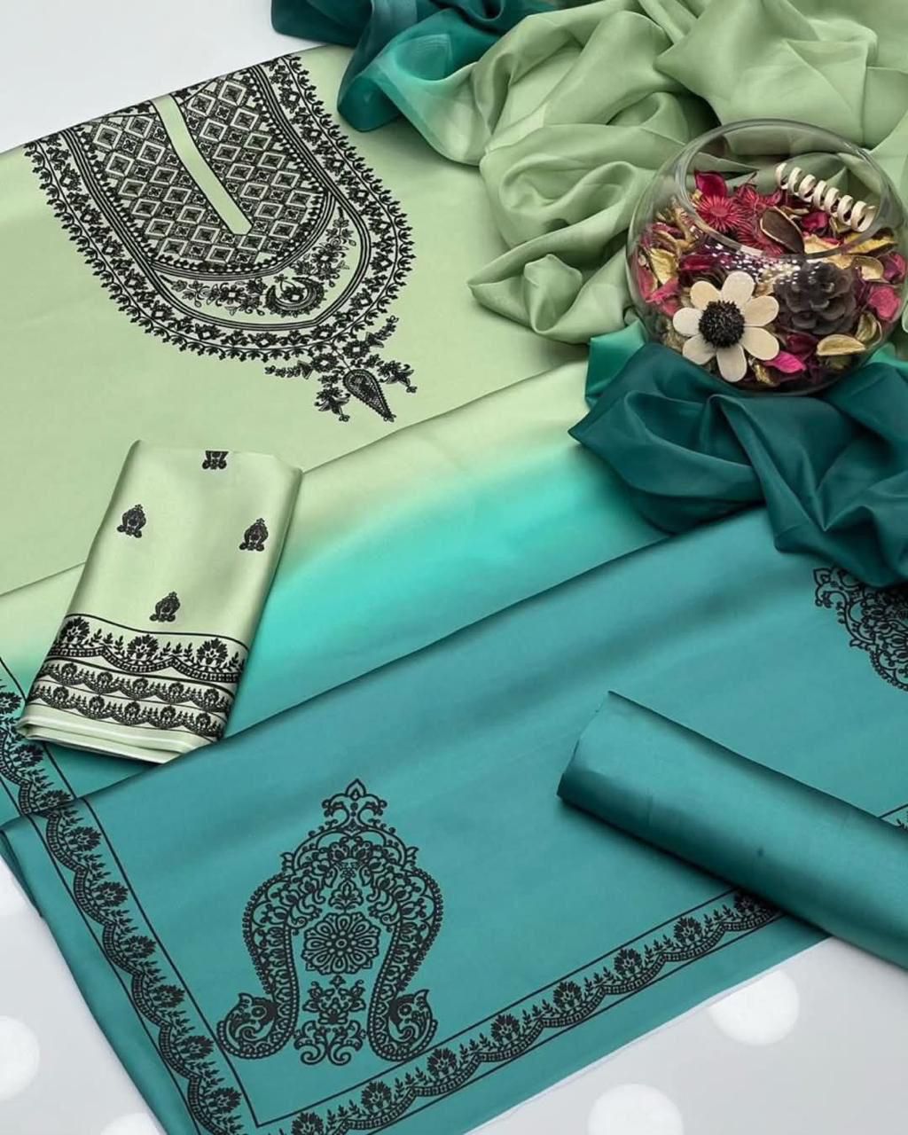 3 Pcs Shamooz Silk (Double Shade Shirt, Trouser & Dupatta)