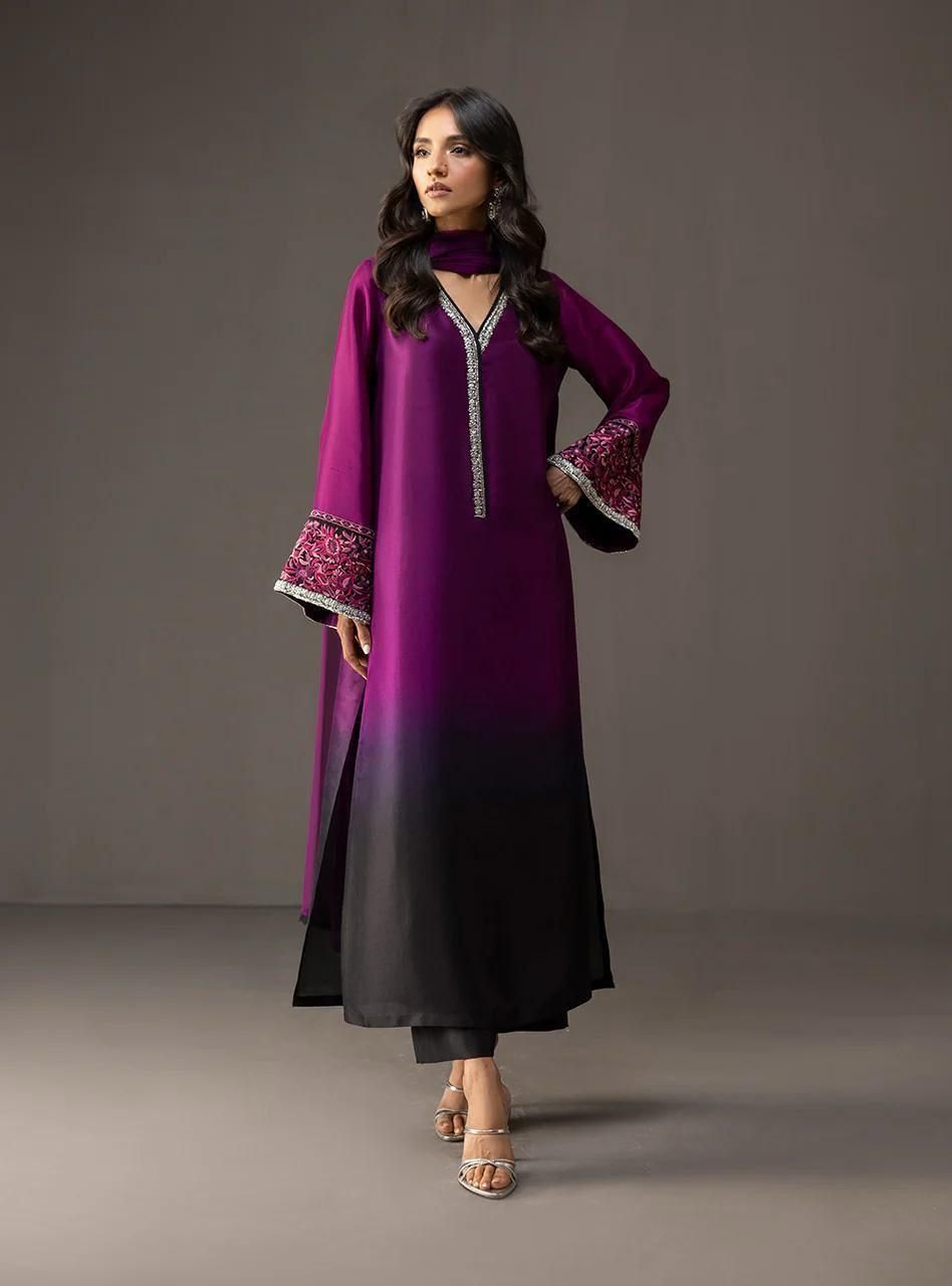 3 Pcs Shamooz Silk (Marjanda Black Shade Shirt, Trouser & Dupatta)