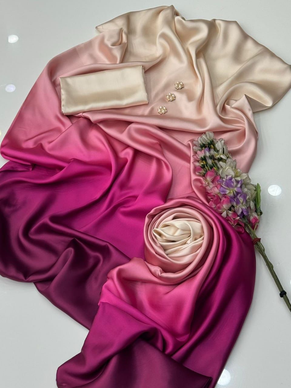 3 Pcs Shamooz Silk (Light Peach Marjanda Double Shade Shirt, Trouser & Dupatta)