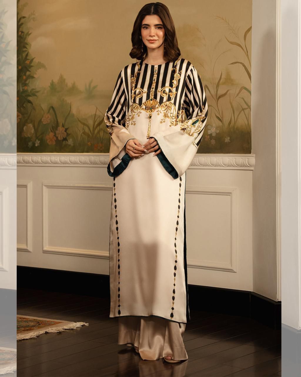 3 Pcs Shamooz Silk (Offwhite Black Strip Shirt, Trouser & Dupatta)