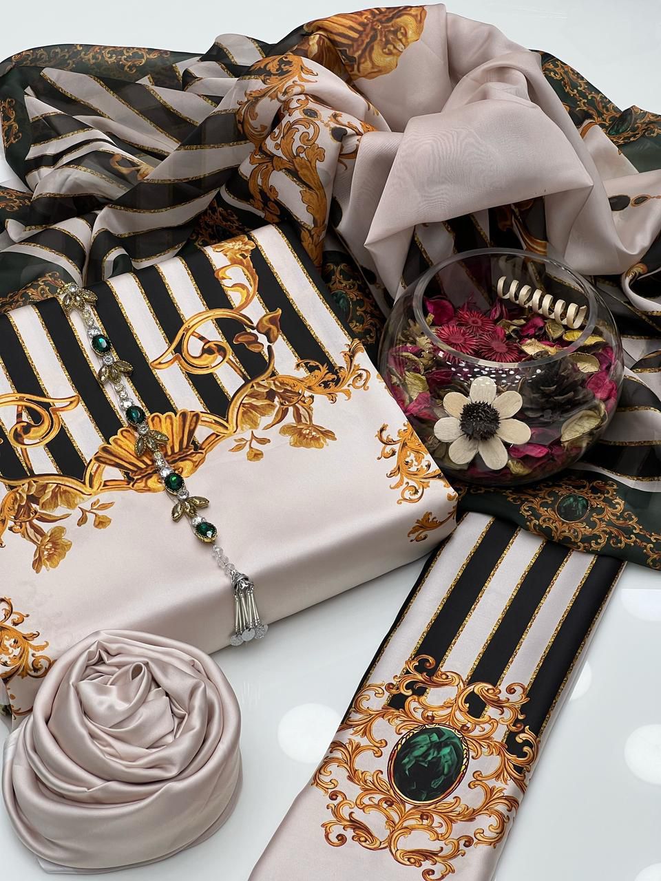 3 Pcs Shamooz Silk (Offwhite Black Strip Shirt, Trouser & Dupatta)