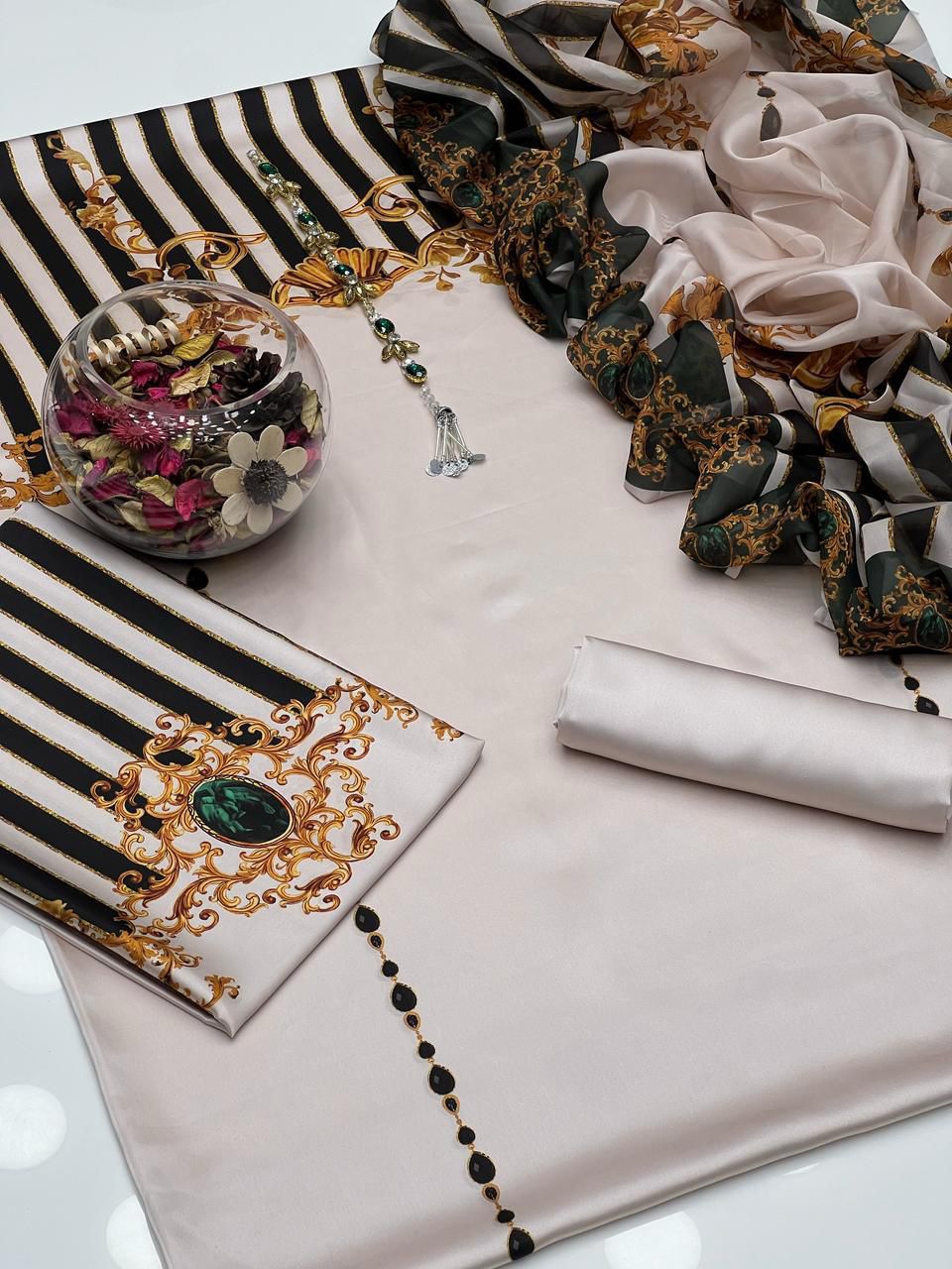 3 Pcs Shamooz Silk (Offwhite Black Strip Shirt, Trouser & Dupatta)