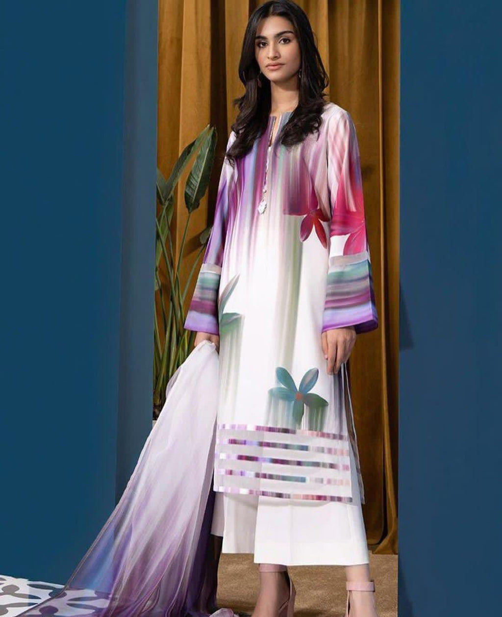 3 Pcs Shamooz Silk (Printed Floral Shirt, Trouser & Dupatta)