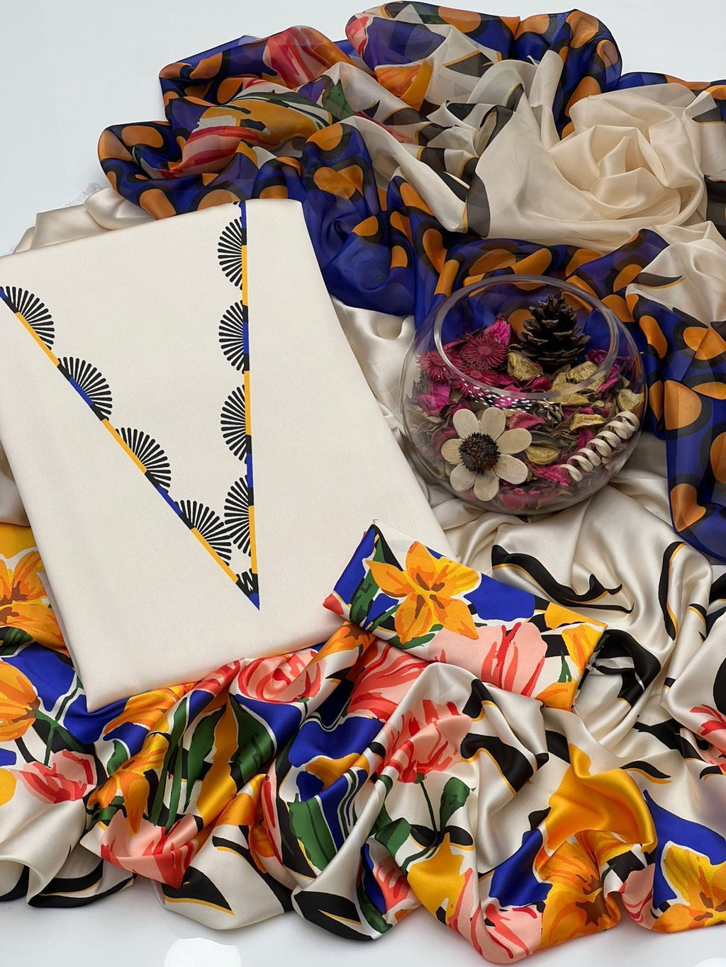 3 Pcs Shamooz Silk (Multicolor Offwhite Shirt, Trouser & Dupatta)