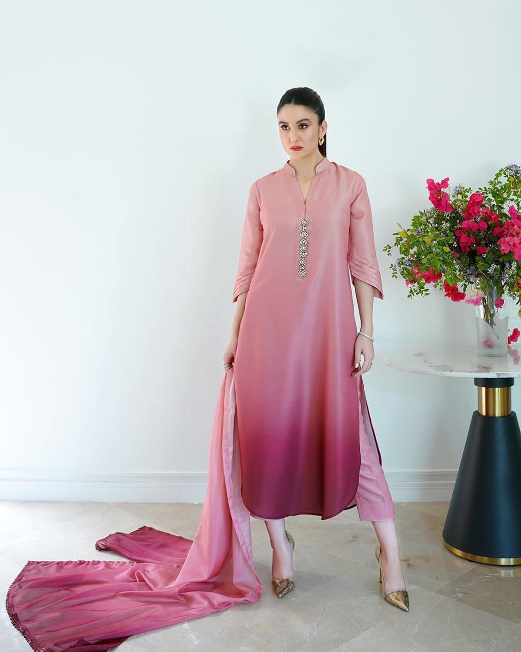 3 Pcs Shamooz Silk (Double Shade Pastel Pink Shirt, Trouser & Dupatta)