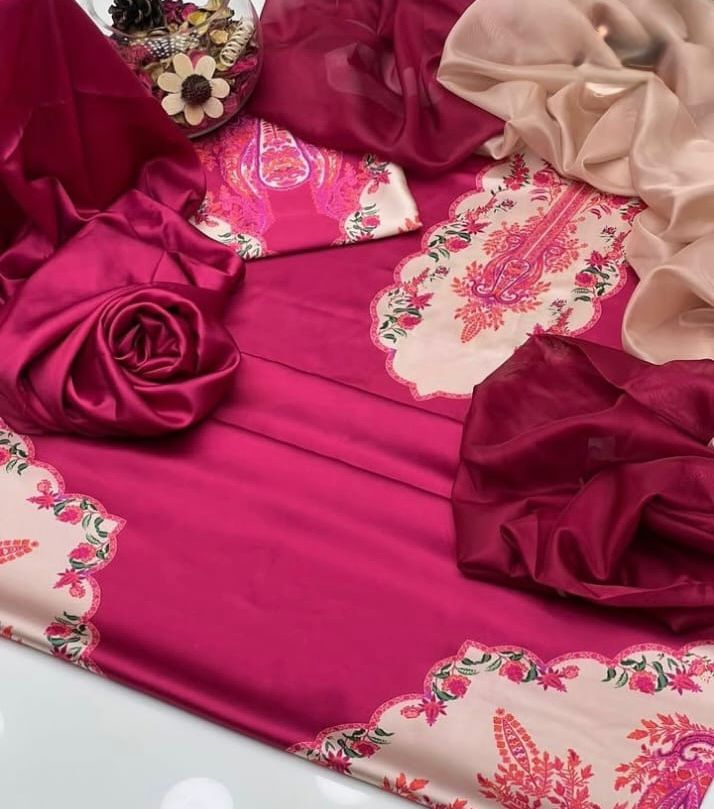 3 Pcs Shamooz Silk (Hot Pink Shirt, Trouser & Dupatta)
