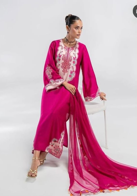 3 Pcs Shamooz Silk (Hot Pink Shirt, Trouser & Dupatta)