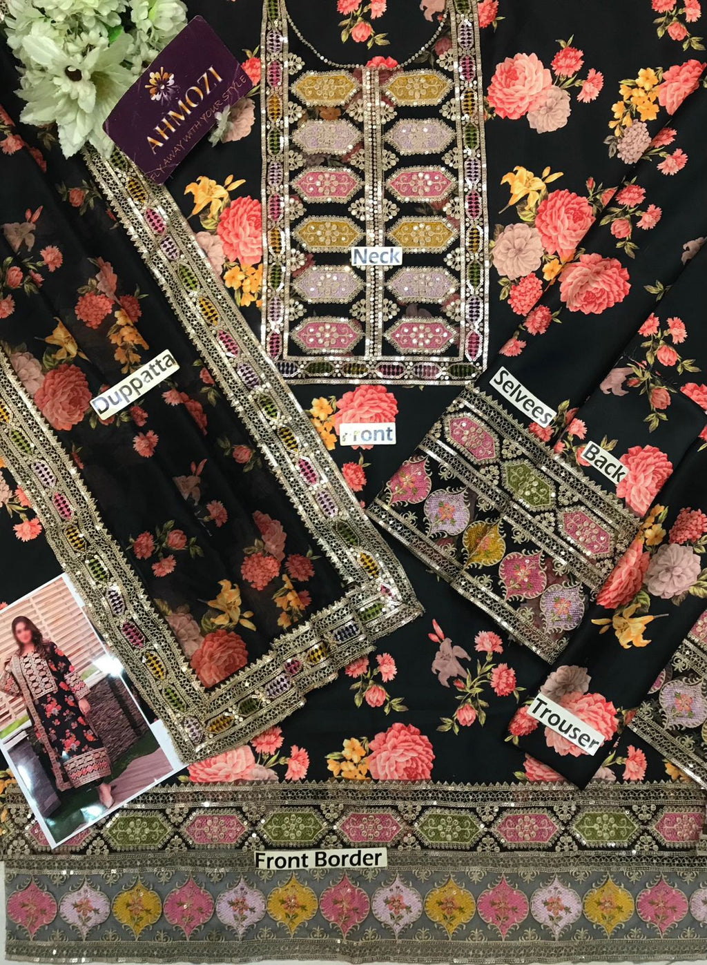 3 Pcs Shamooz Silk With Embroidery Patches (Black Floral Shirt & Trouser, Dupatta)