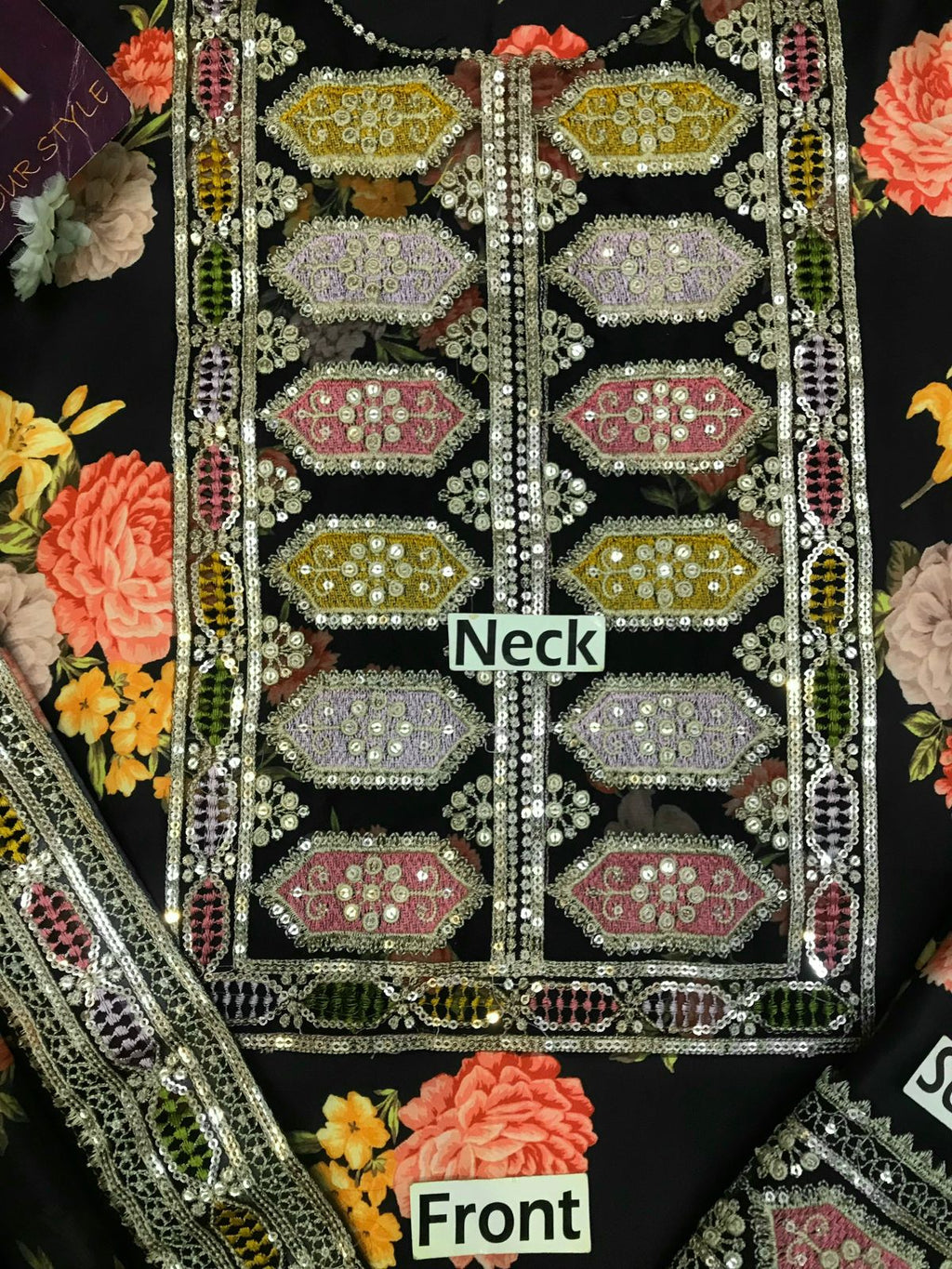 3 Pcs Shamooz Silk With Embroidery Patches (Black Floral Shirt & Trouser, Dupatta)