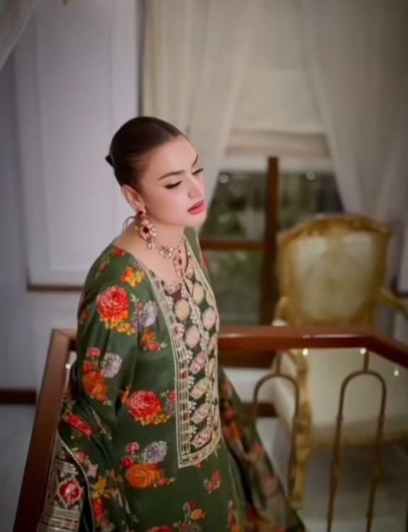 3 Pcs Shamooz Silk With Embroidery Patches (Green Floral Shirt & Trouser, Dupatta)