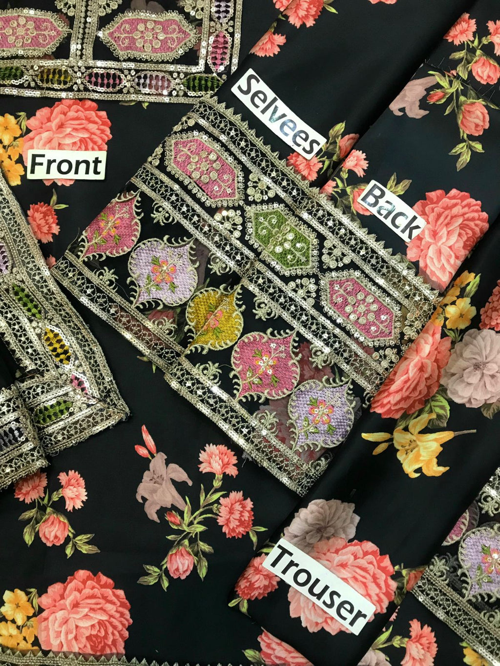 3 Pcs Shamooz Silk With Embroidery Patches (Black Floral Shirt & Trouser, Dupatta)