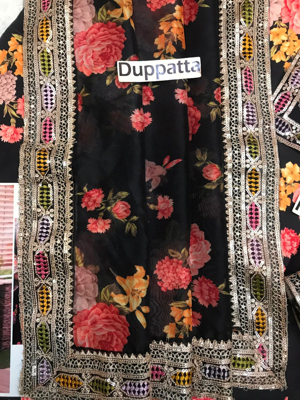 3 Pcs Shamooz Silk With Embroidery Patches (Black Floral Shirt & Trouser, Dupatta)