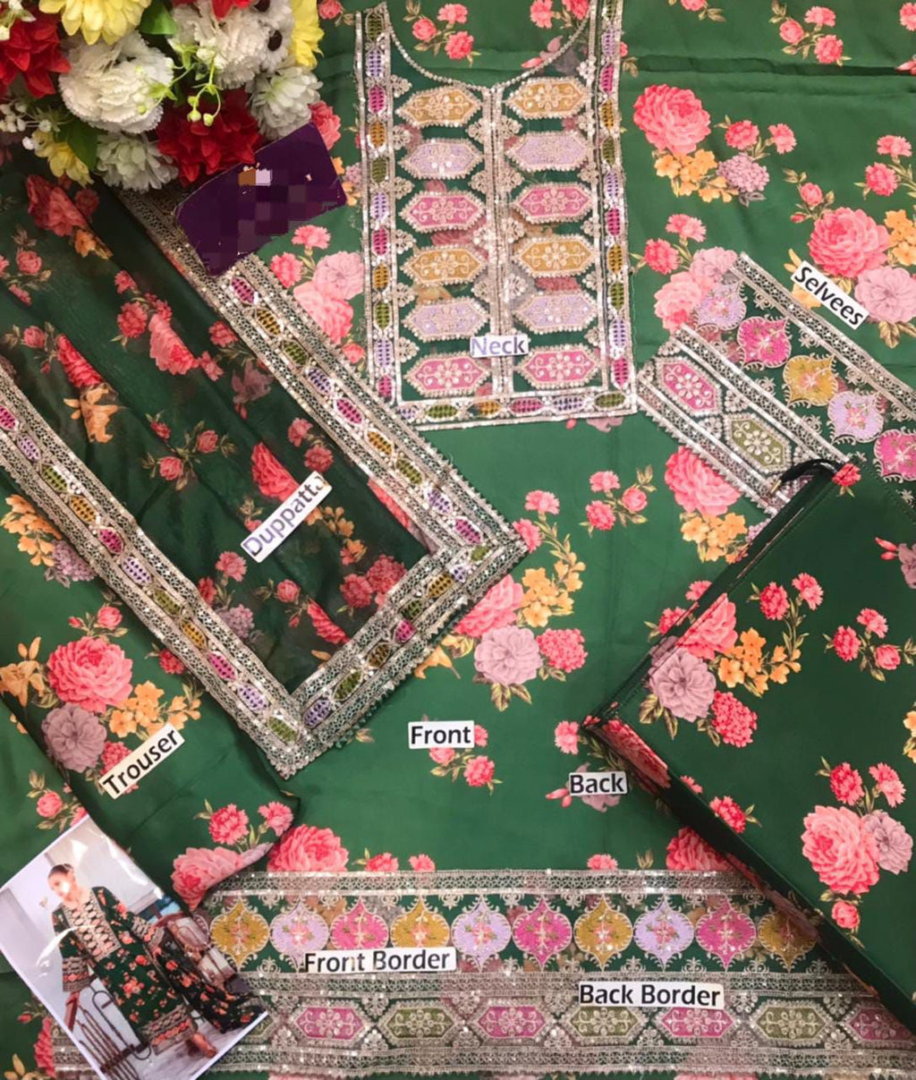 3 Pcs Shamooz Silk With Embroidery Patches (Green Floral Shirt & Trouser, Dupatta)