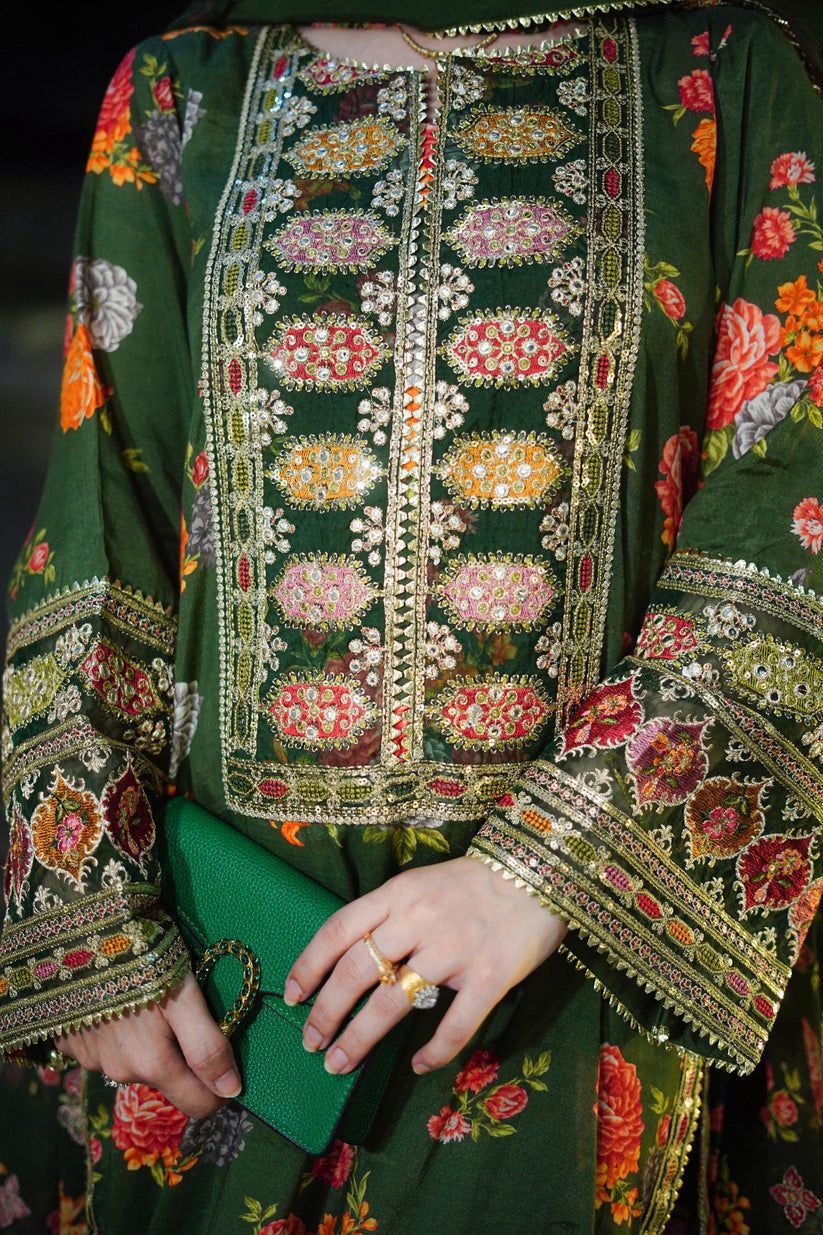 3 Pcs Shamooz Silk With Embroidery Patches (Green Floral Shirt & Trouser, Dupatta)