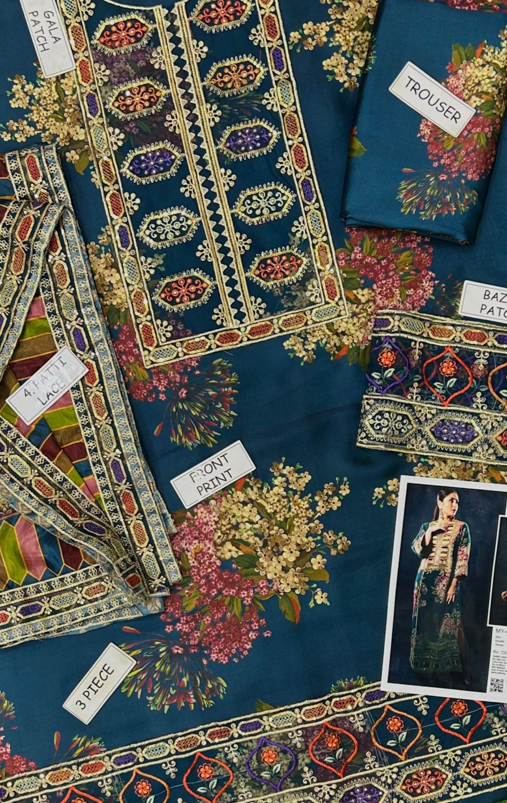 3 Pcs Shamooz Silk With Embroidery Patches (Navy Blue Floral Shirt & Trouser, Dupatta)