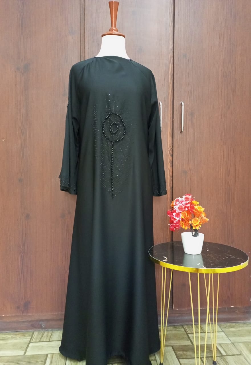 Round Neck Flared Stonework Lavish Abaya For Girls & Women