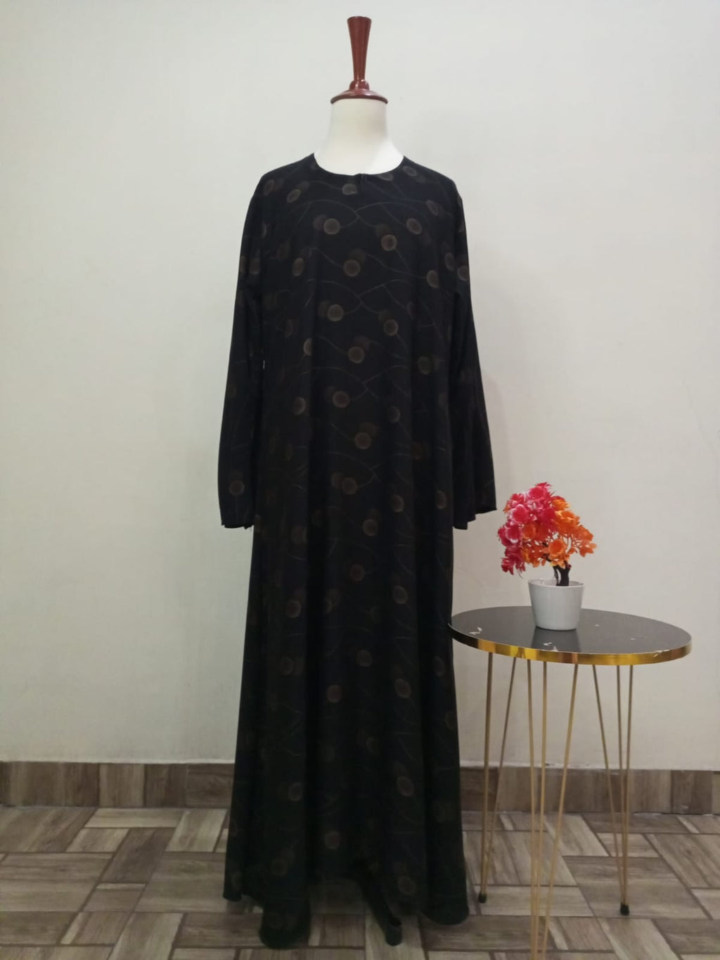 Round Neck Black Printed Lavish Abaya For Girls & Women