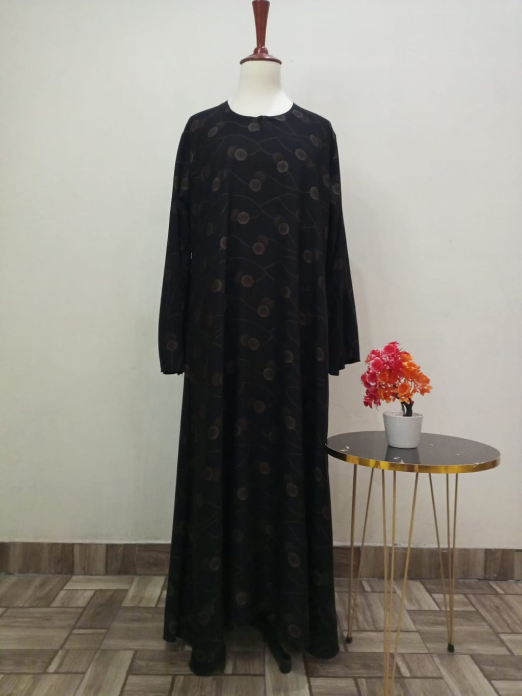 Round Neck Black Printed Lavish Abaya For Girls & Women