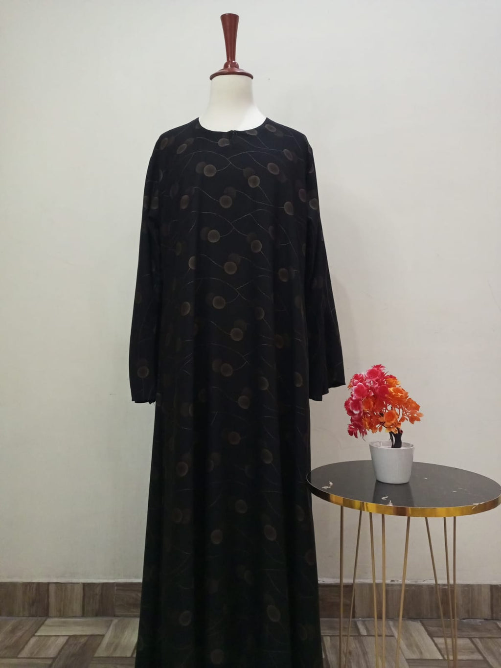 Round Neck Black Printed Lavish Abaya For Girls & Women