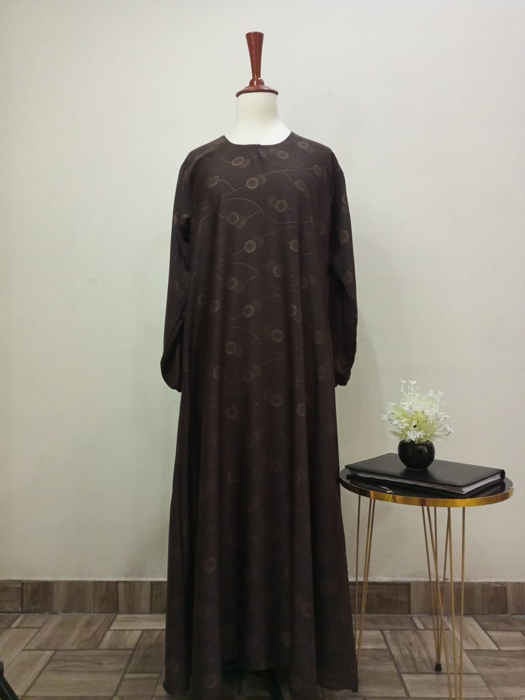 Round Neck Brown Printed Lavish Abaya For Girls & Women