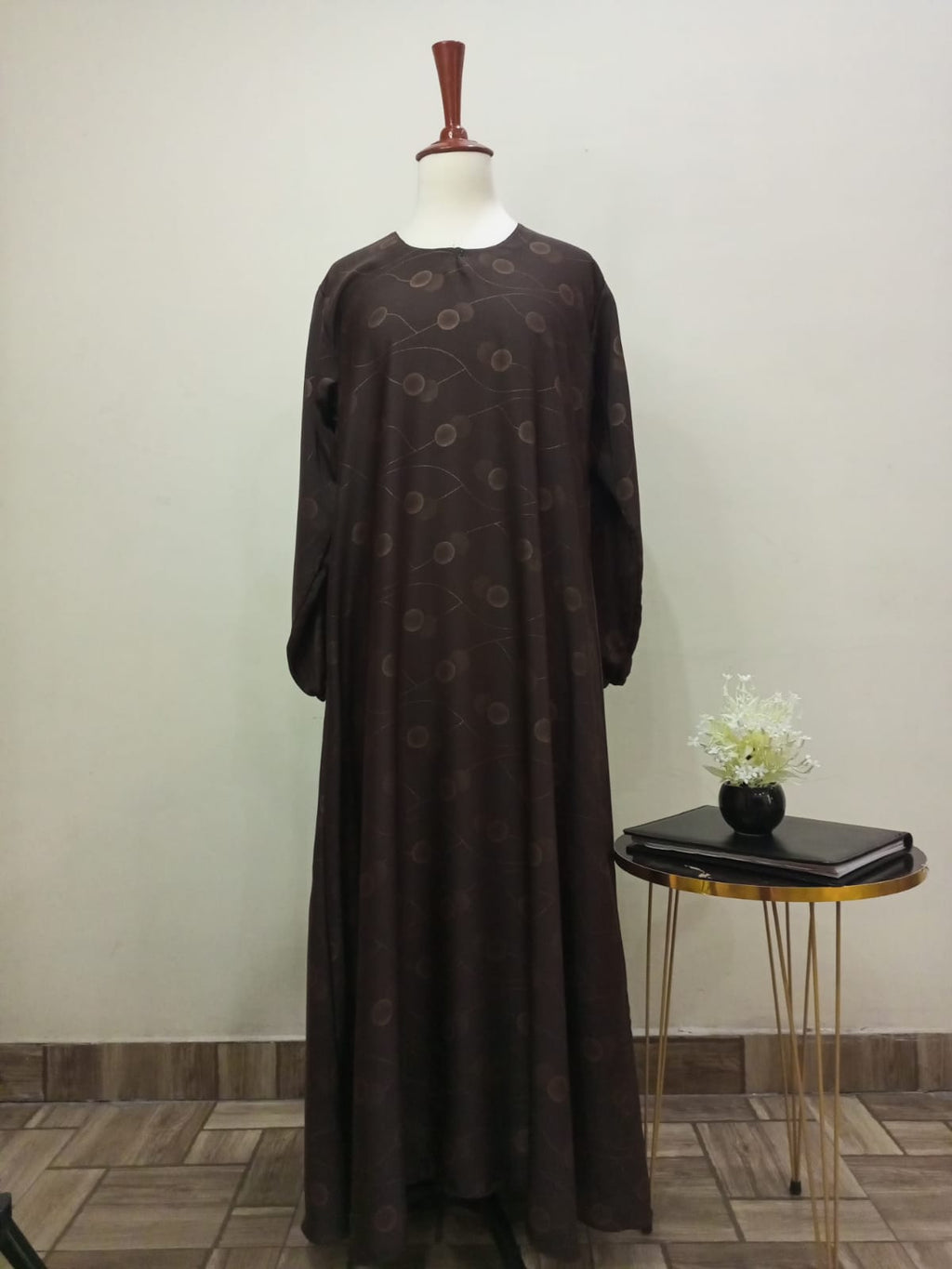 Round Neck Brown Printed Lavish Abaya For Girls & Women