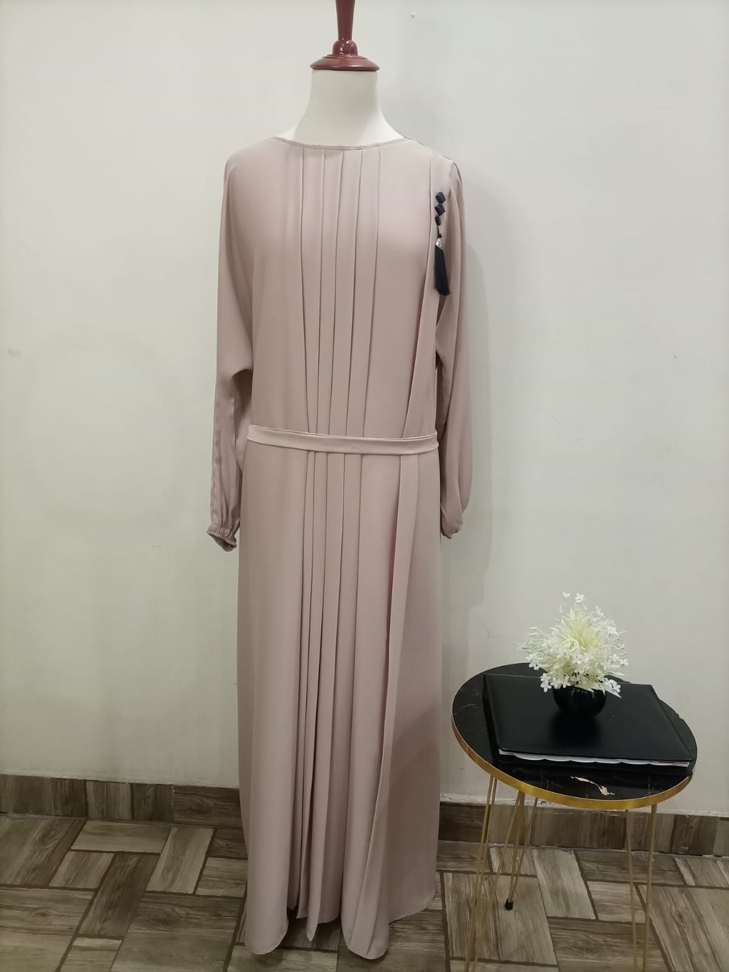 Round Neck Solid Beige Color Lavish Abaya For Girls & Women