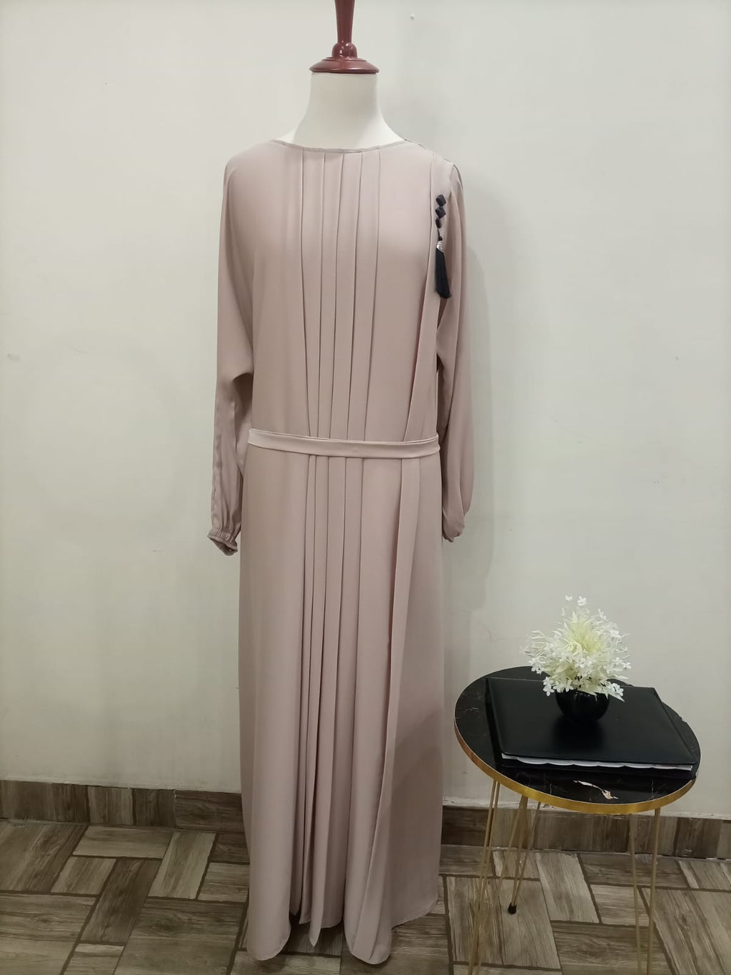 Round Neck Solid Beige Color Lavish Abaya For Girls & Women