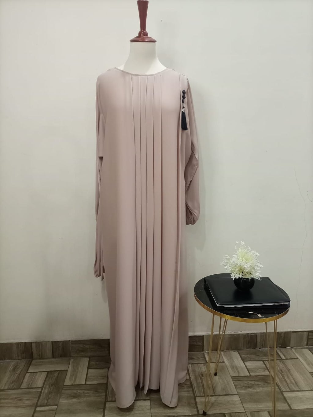 Round Neck Solid Beige Color Lavish Abaya For Girls & Women