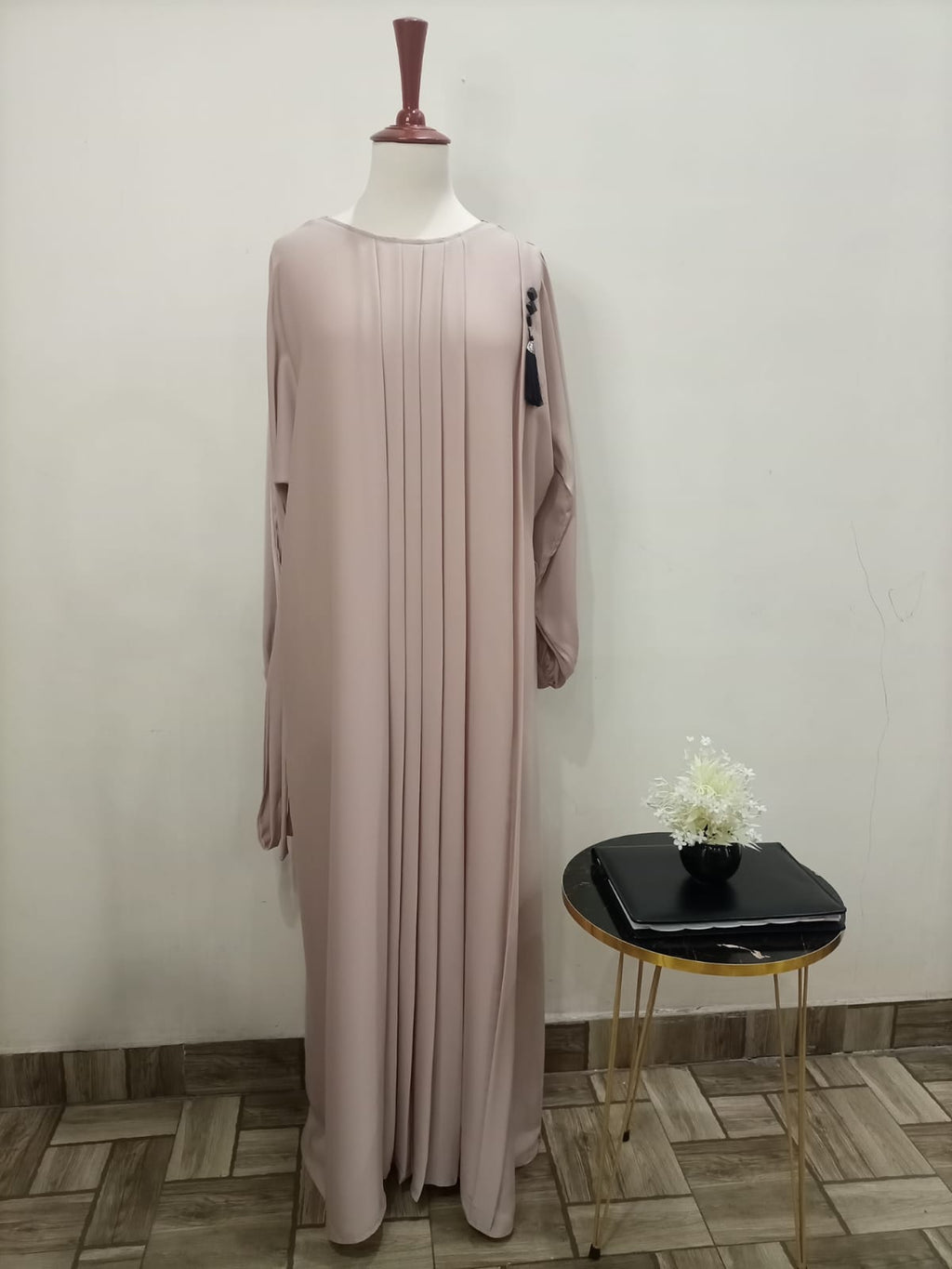 Round Neck Solid Beige Color Lavish Abaya For Girls & Women