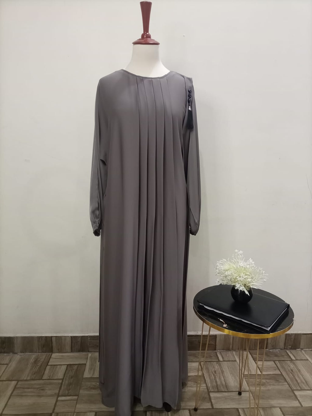 Round Neck Solid Grey Color Lavish Abaya For Girls & Women