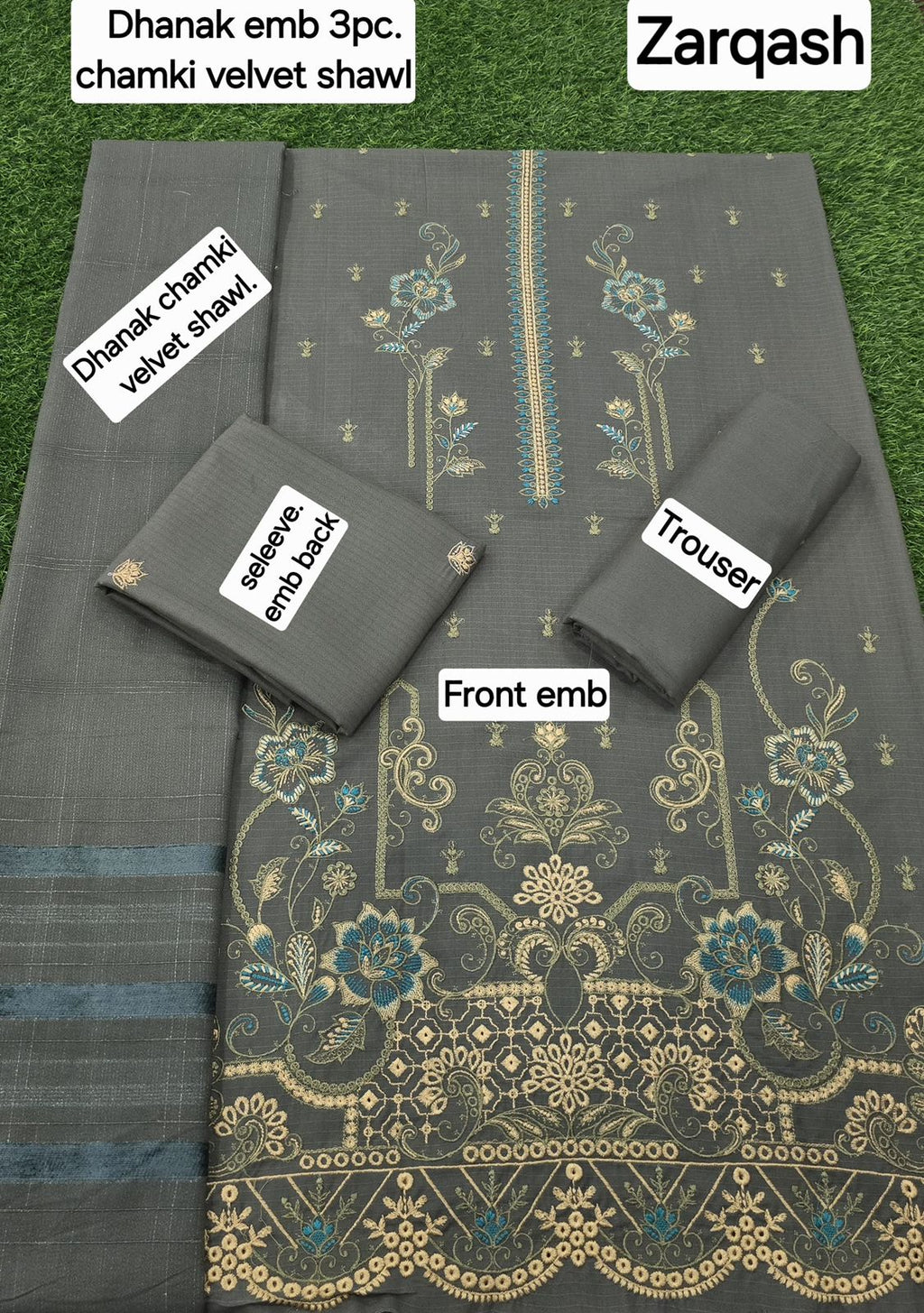 Banadora Dhanak Embroidery 3pcs With Dhanak Chamki Velvet Shawl