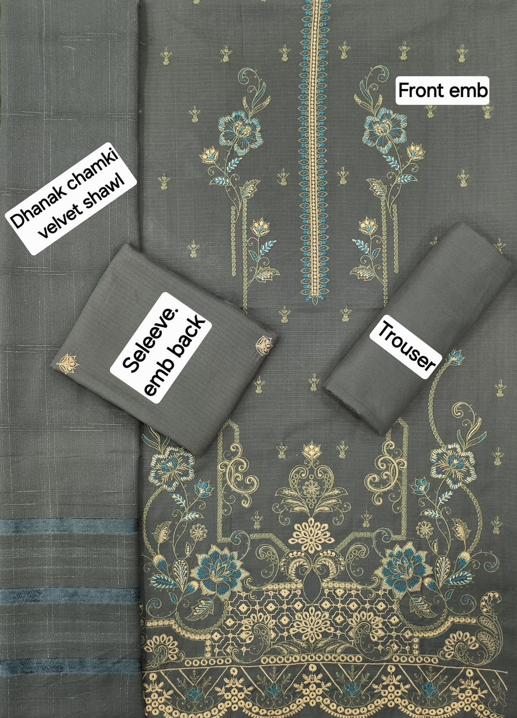 Banadora Dhanak Embroidery 3pcs With Dhanak Chamki Velvet Shawl