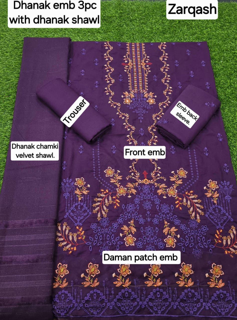 Banadora Dhanak Embroidery 3pcs With Dhanak Chamki Velvet Shawl