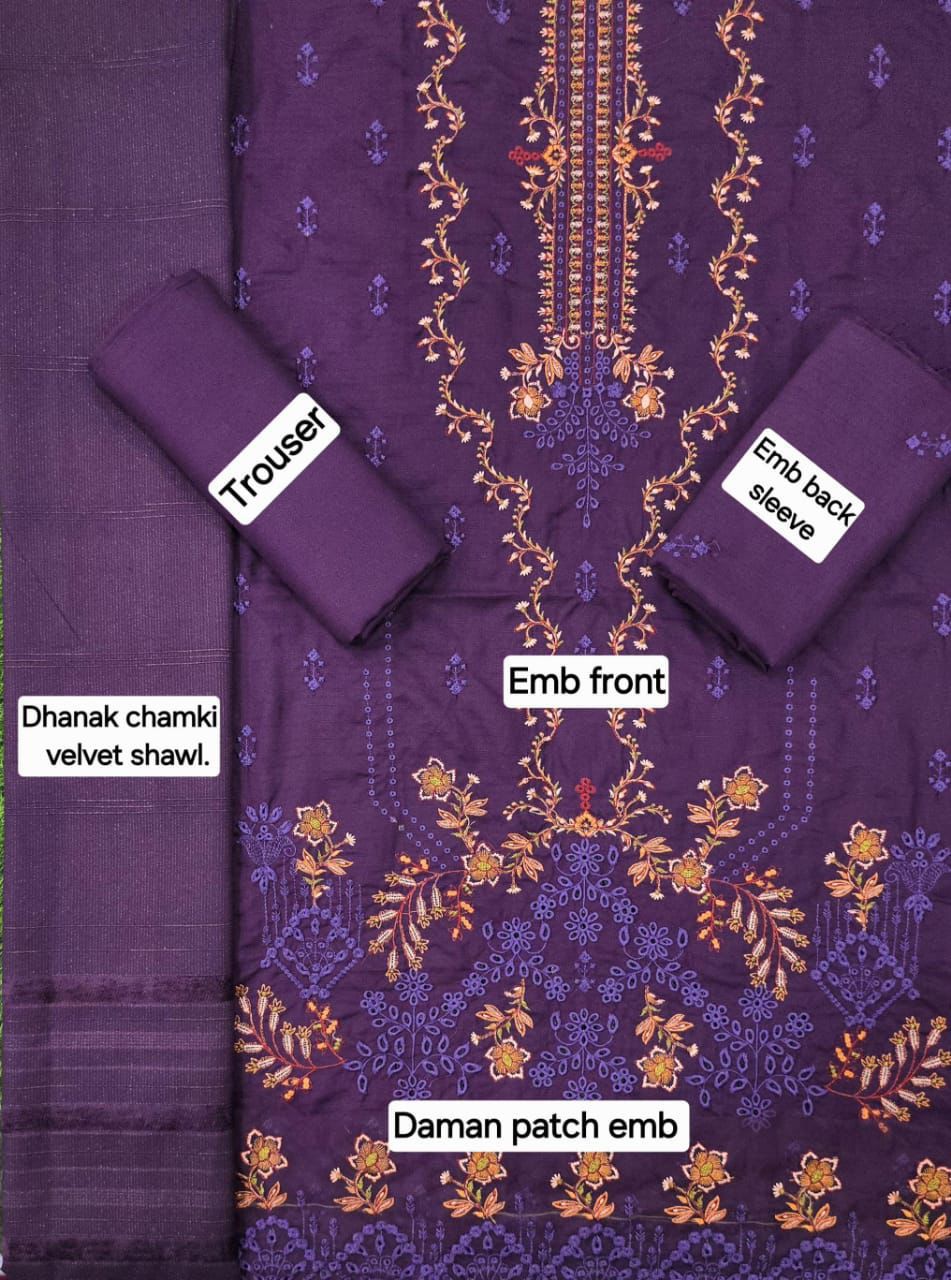Banadora Dhanak Embroidery 3pcs With Dhanak Chamki Velvet Shawl