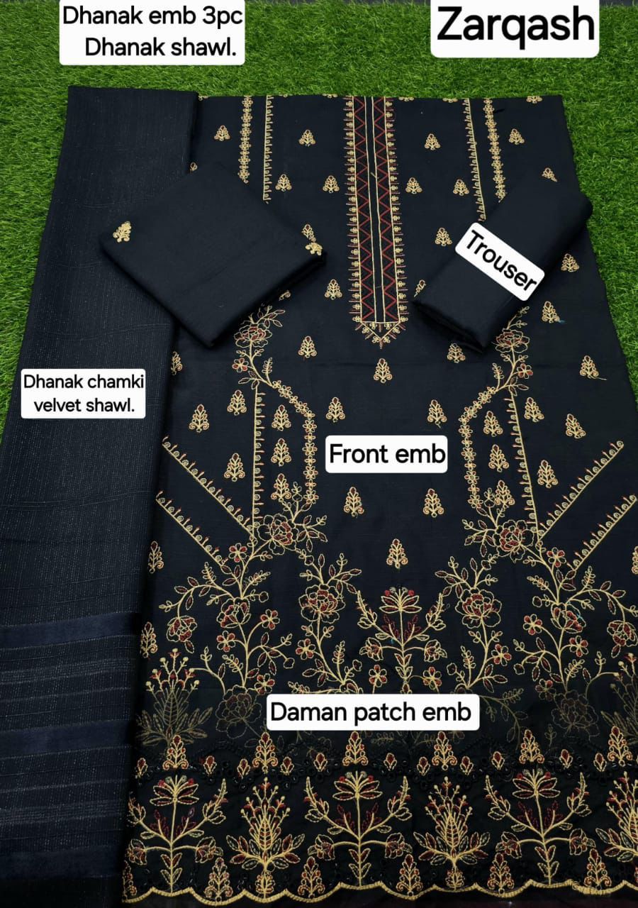 Banadora Dhanak Embroidery 3pcs With Dhanak Chamki Velvet Shawl