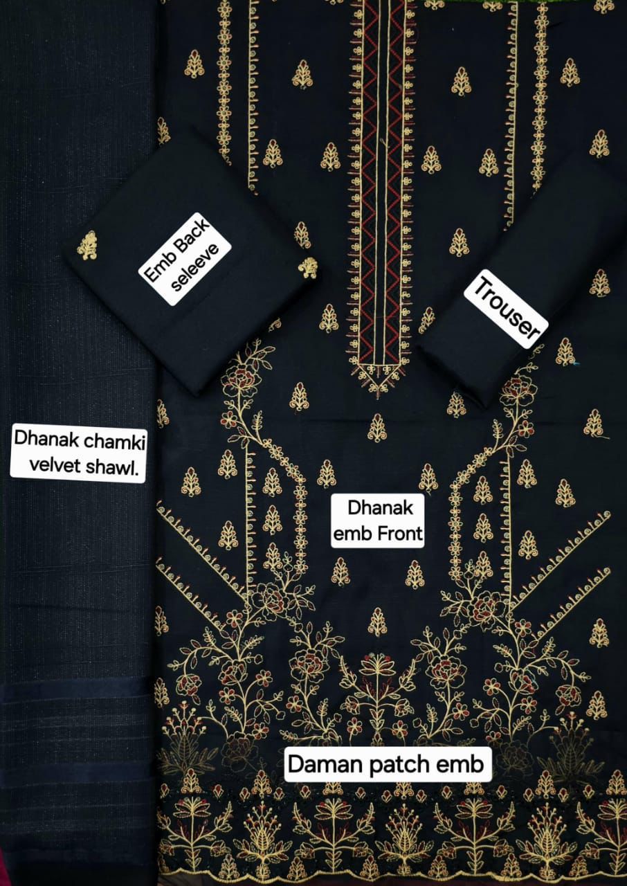 Banadora Dhanak Embroidery 3pcs With Dhanak Chamki Velvet Shawl