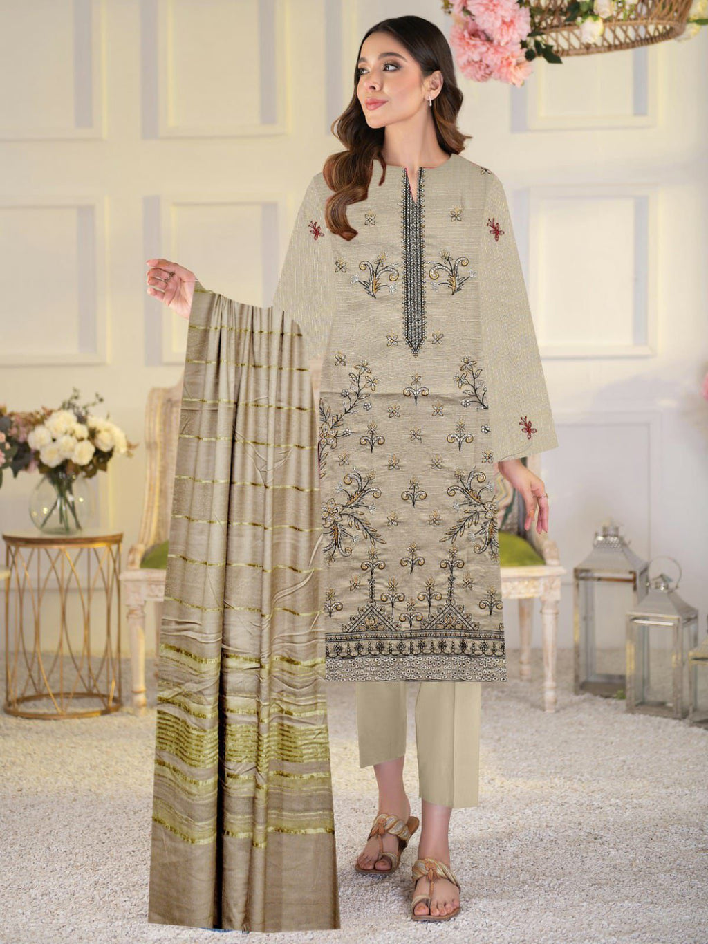 Banadora Dhanak Embroidery 3pcs With Dhanak Chamki Velvet Shawl