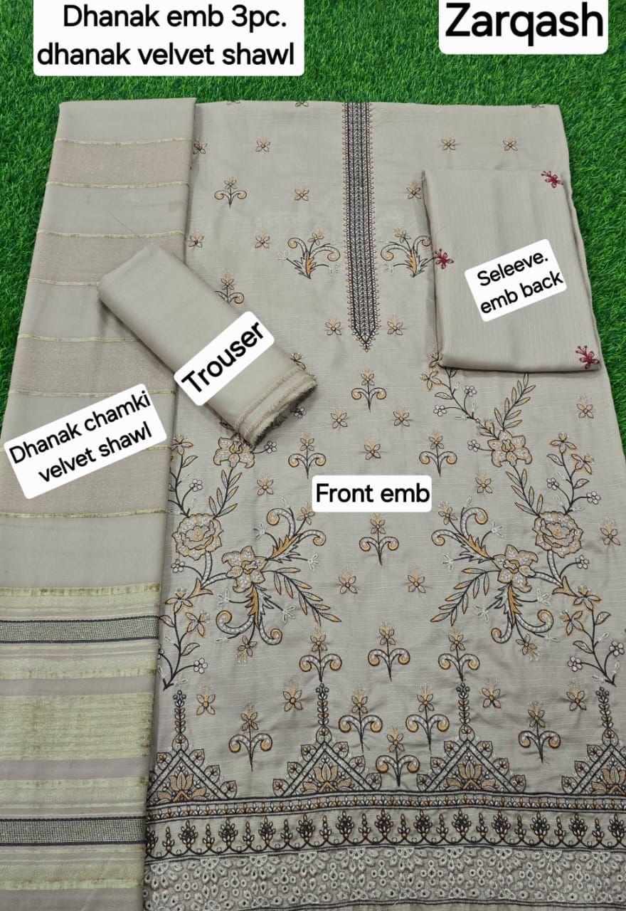 Banadora Dhanak Embroidery 3pcs With Dhanak Chamki Velvet Shawl