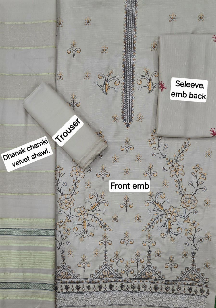 Banadora Dhanak Embroidery 3pcs With Dhanak Chamki Velvet Shawl