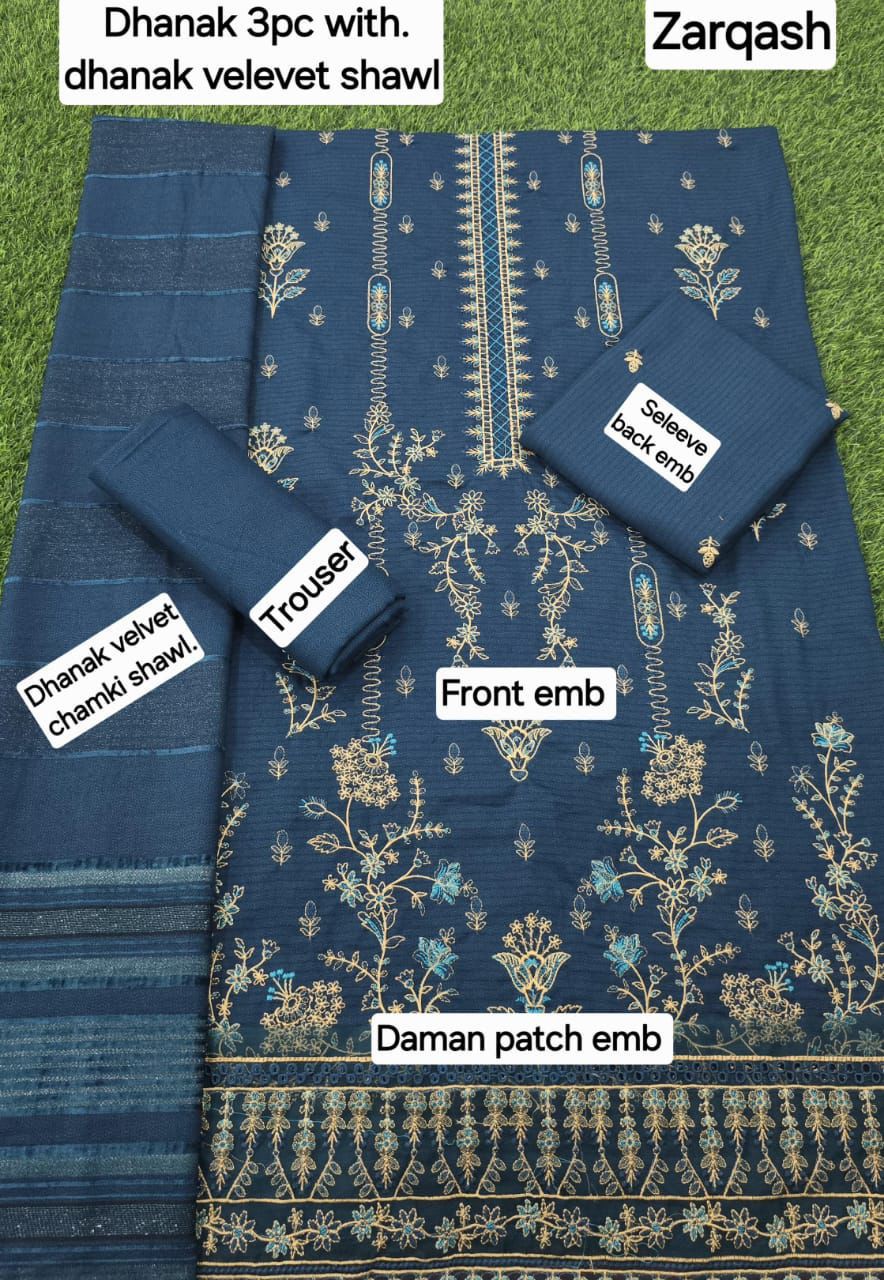 Banadora Dhanak Embroidery 3pcs With Dhanak Chamki Velvet Shawl