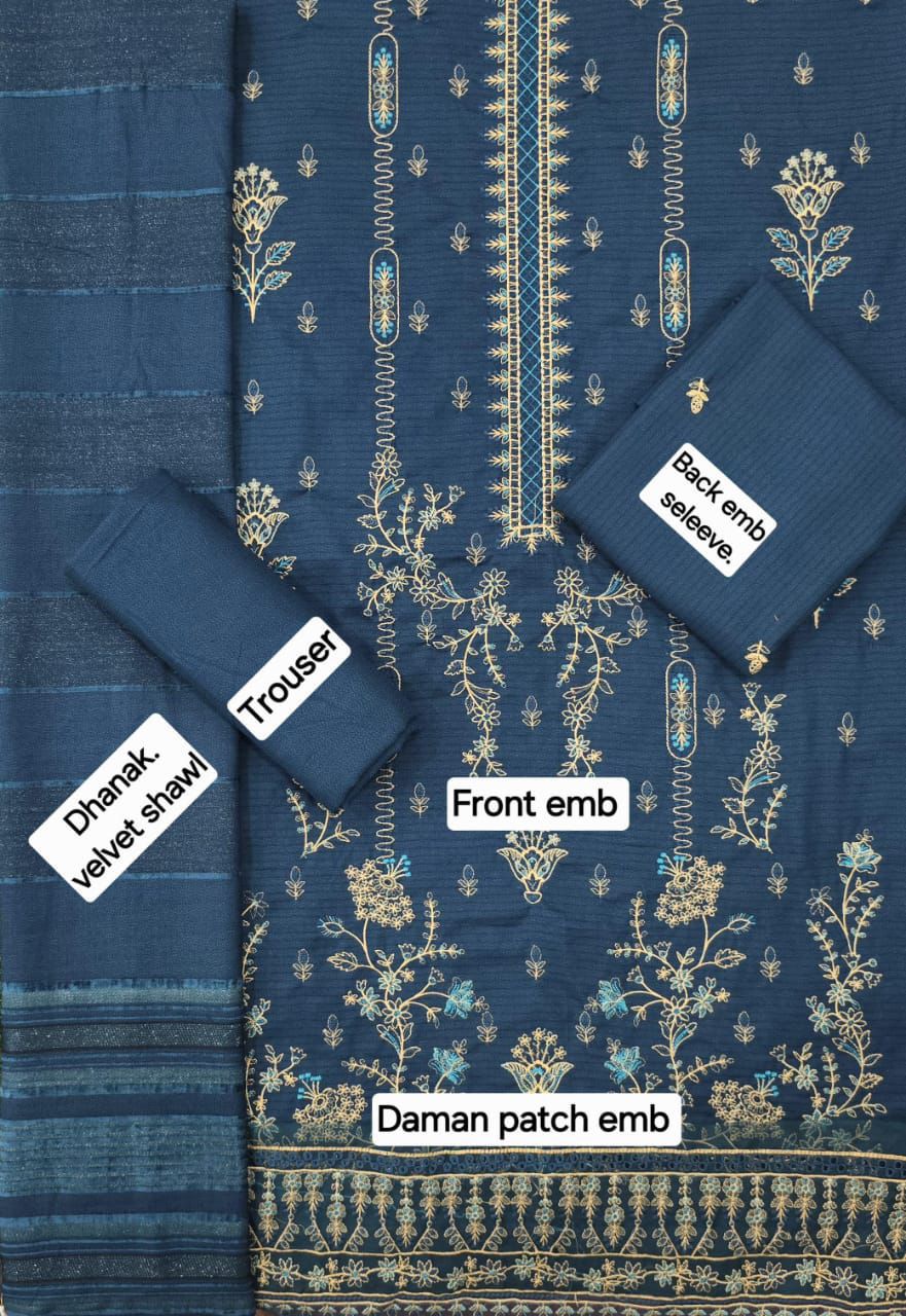 Banadora Dhanak Embroidery 3pcs With Dhanak Chamki Velvet Shawl