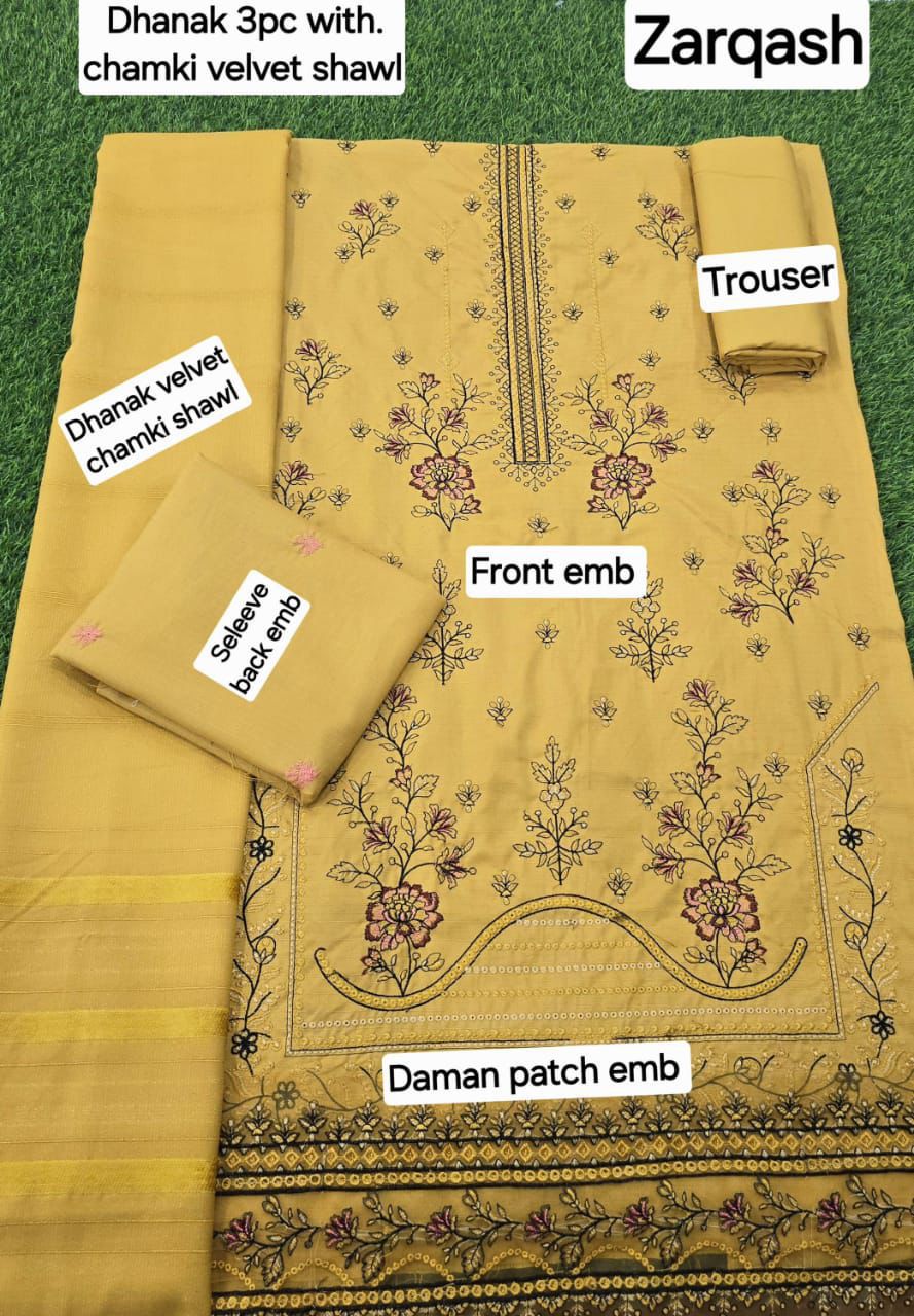 Banadora Dhanak Embroidery 3pcs With Dhanak Chamki Velvet Shawl